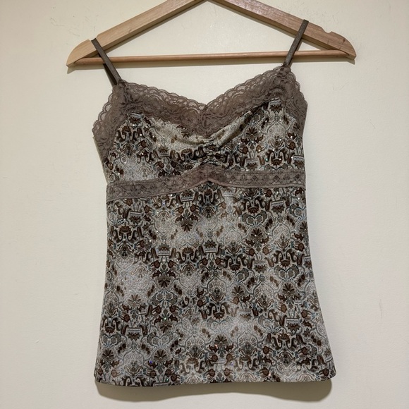 Women’s Vintage Y2K Brown Paisley Print Lace Trim Sparkle Cami Tank Top Size L - Picture 1 of 13